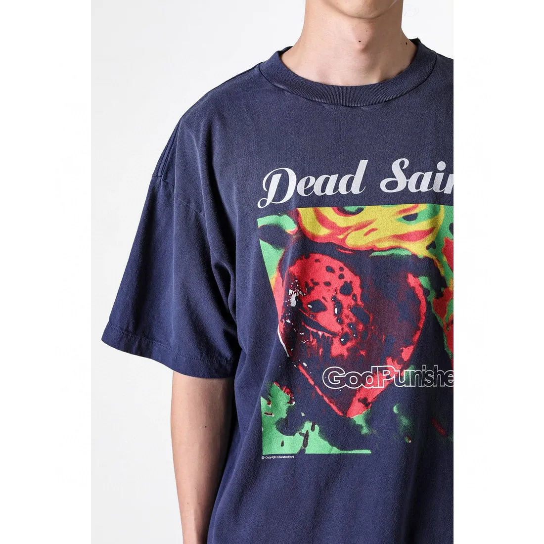 SAINT Mxxxxxx DEAD SAINT SS TEE/NAVY DEAD SAINT printed short sleeves God's Punishment TEE Washed blue S-XL Genuine consistent tube weaving without side seams High weight OE yarn fabric Assute dyeing Multiple horse fades Heavy wash water Worn holes Original consistent main mark/wash mark/little angel anti-counterfeiting mark